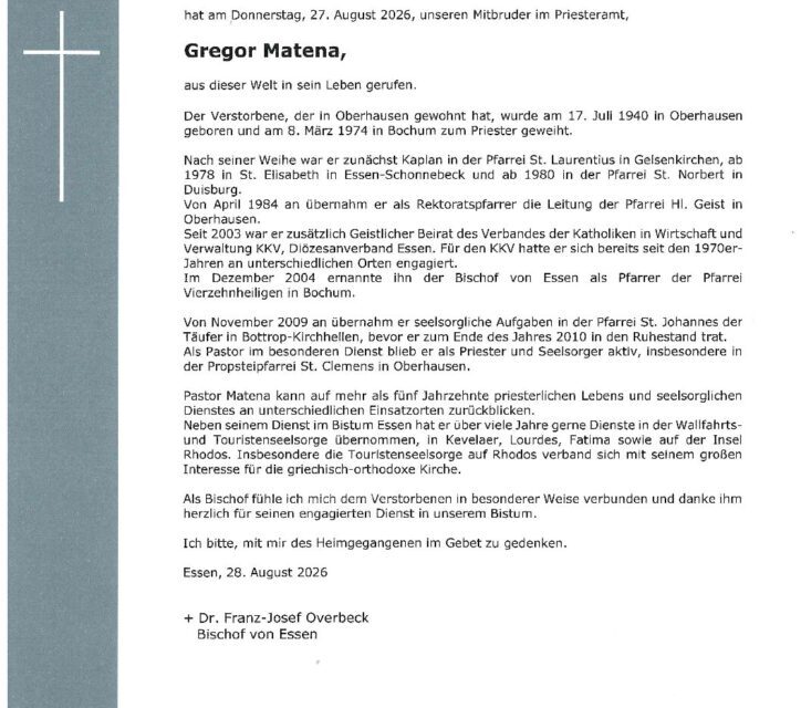 Pastor Gregor Matena, Pastor i.R. ist verstorben